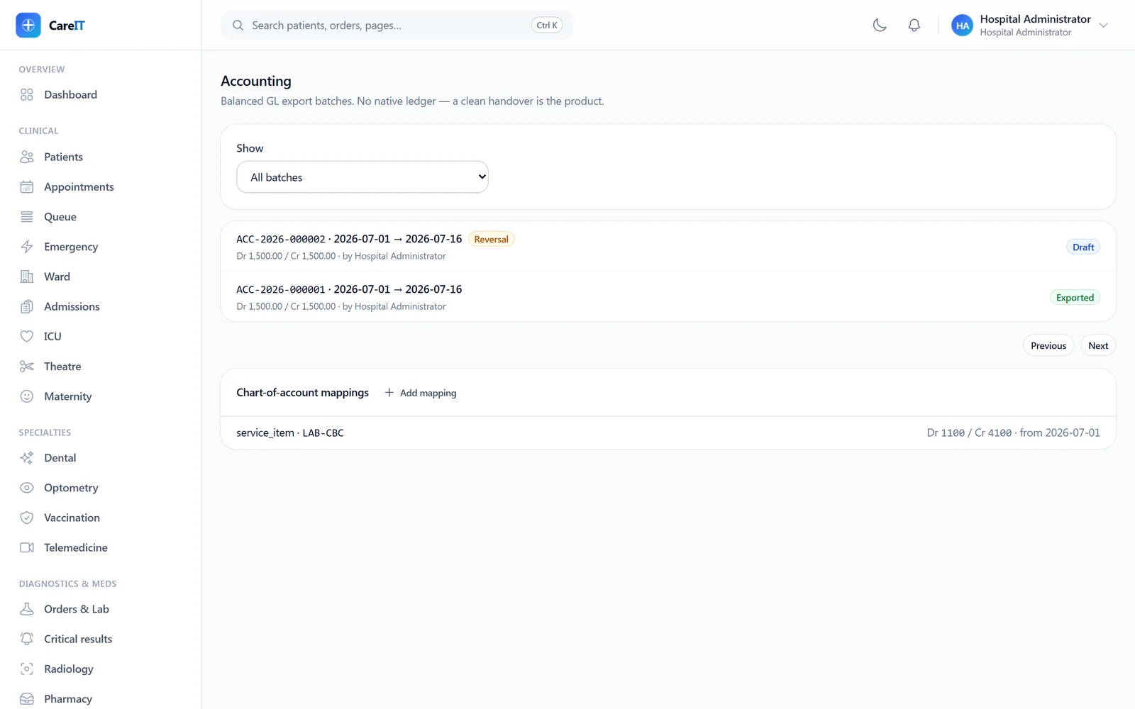 Accounting export batches with statuses and account mappings