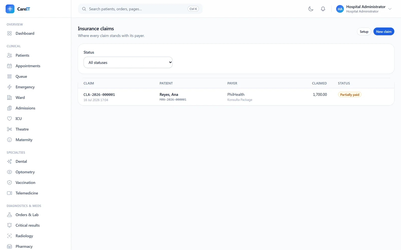 Claims worklist with a partially-paid claim and amounts