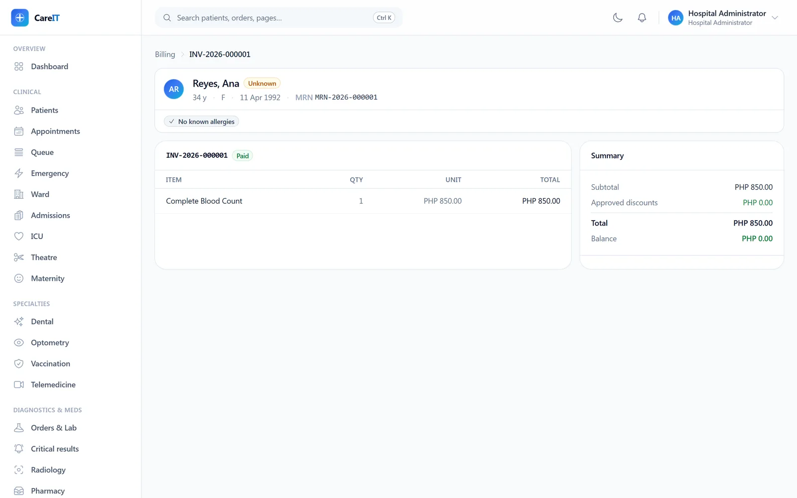 Paid invoice with line items, totals, and payment summary