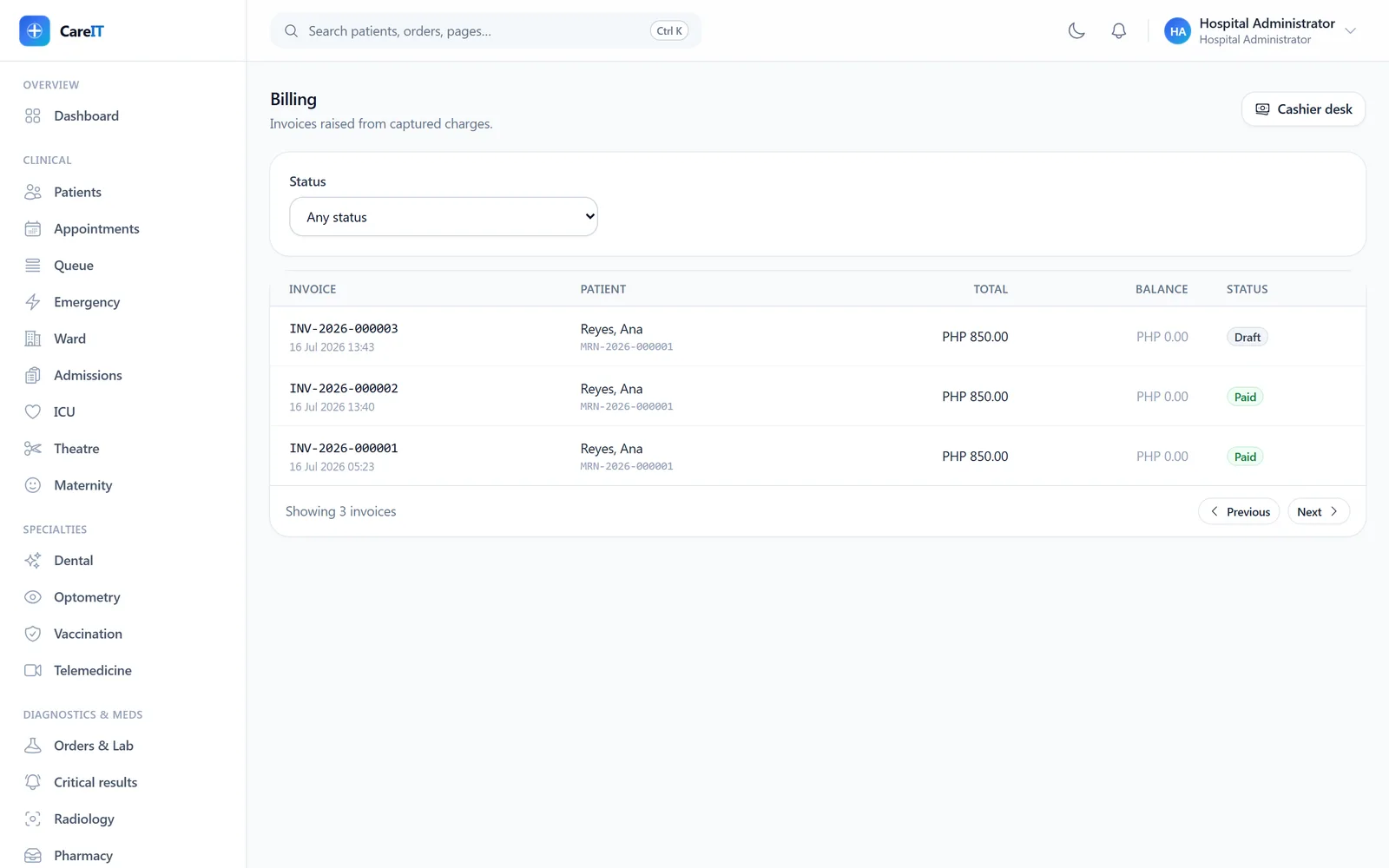 Invoice list with paid and draft invoices and balances