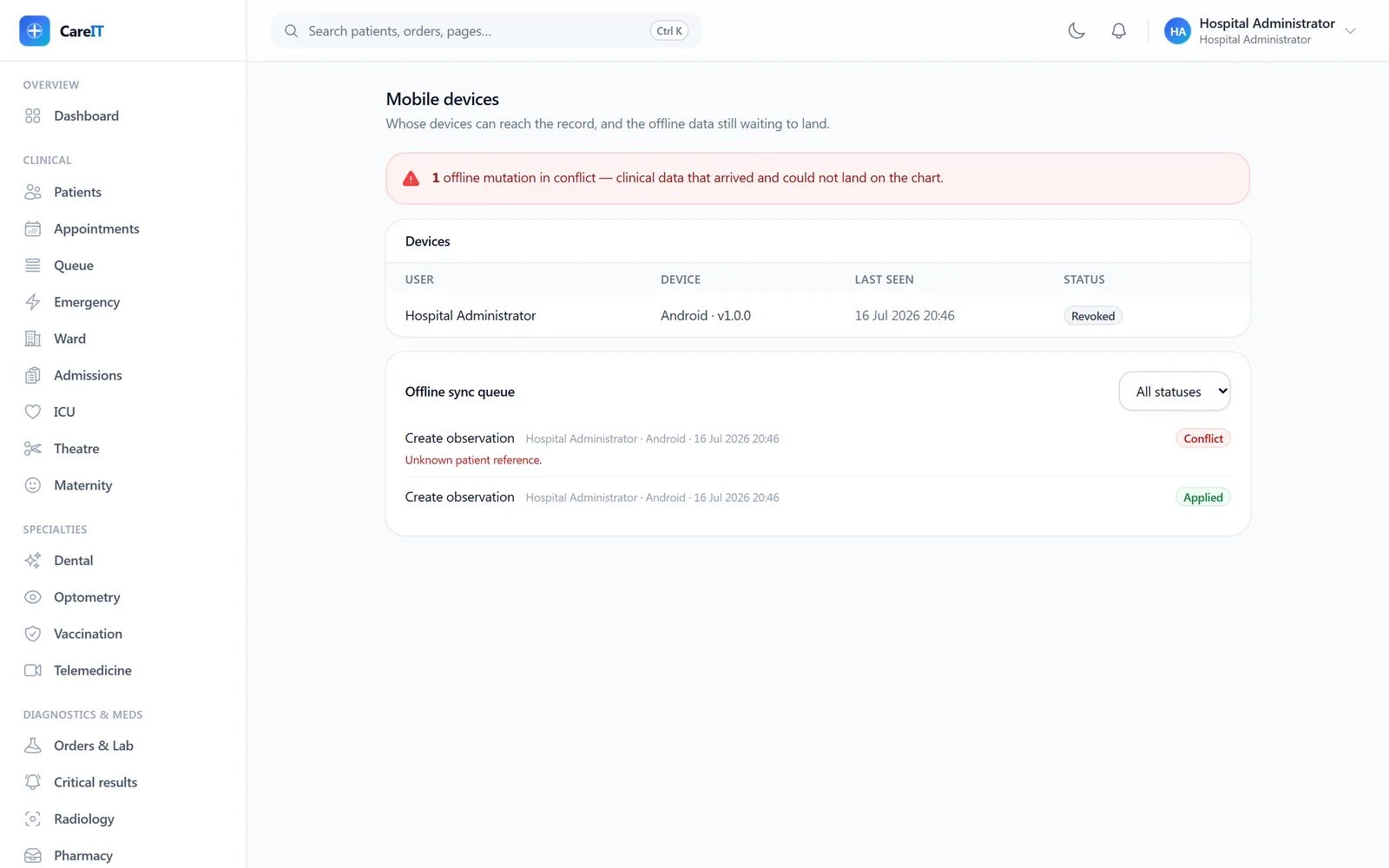 Device admin with the offline sync queue showing a conflict and its reason