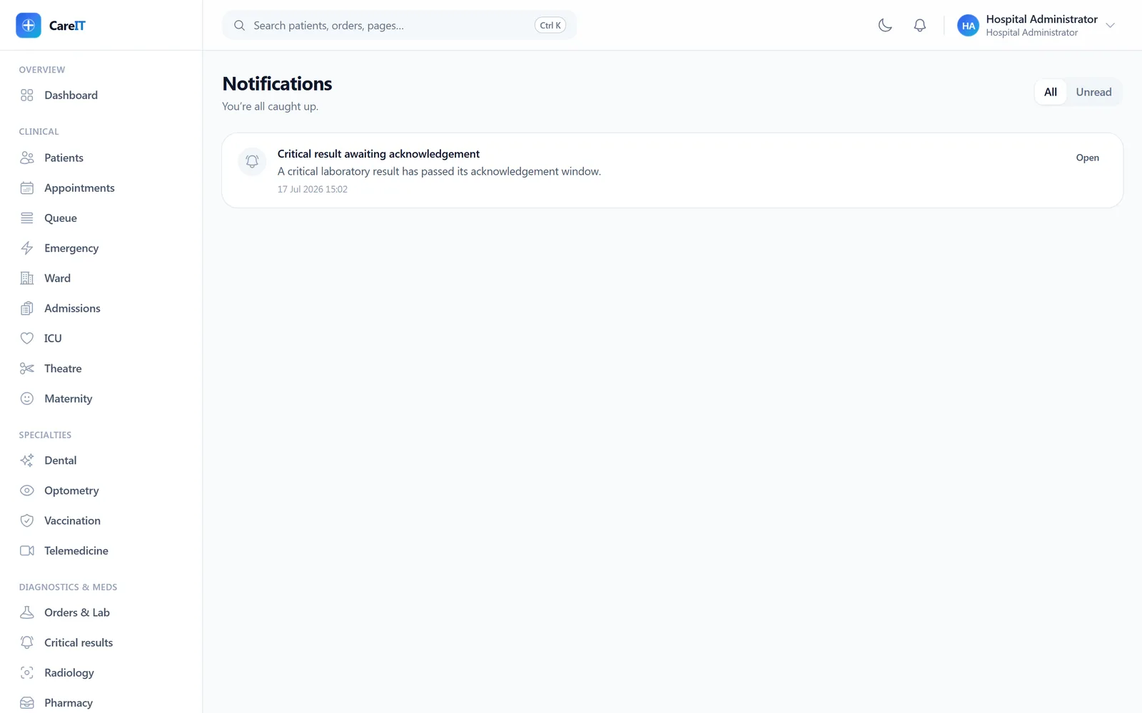 Notification inbox showing a critical-result acknowledgement notice