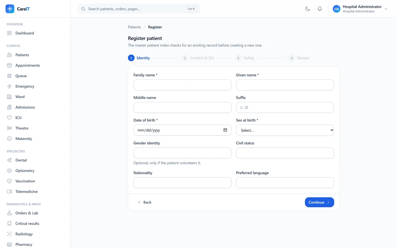 Four-step patient registration wizard on the identity step