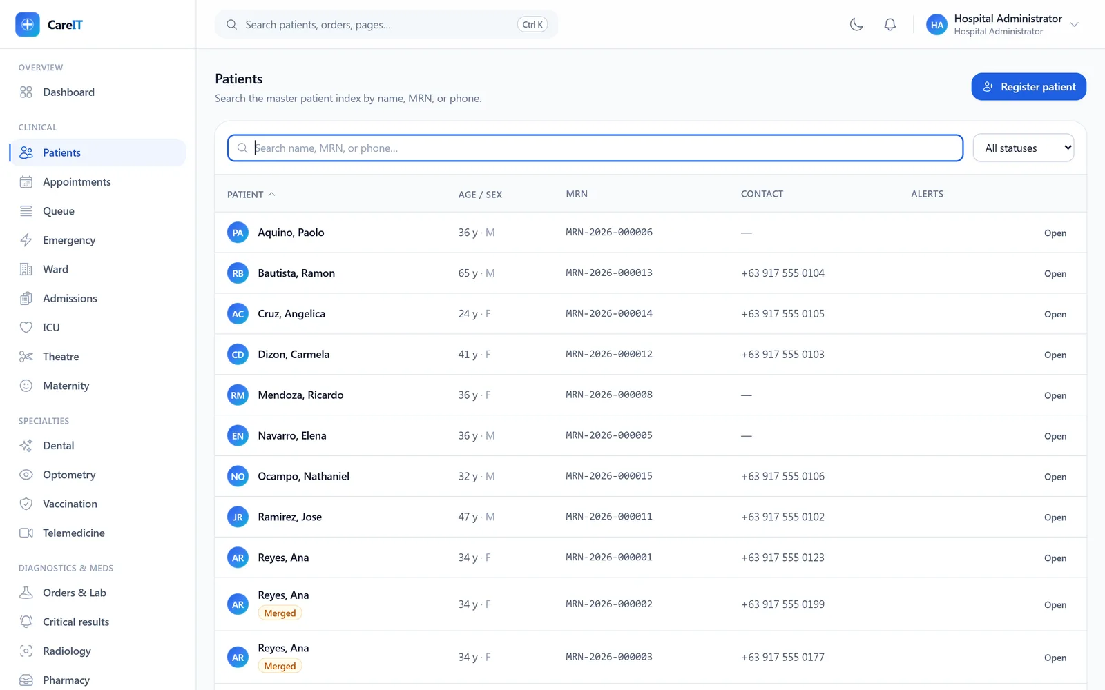 Master patient index with search, MRNs, and a merged-record badge