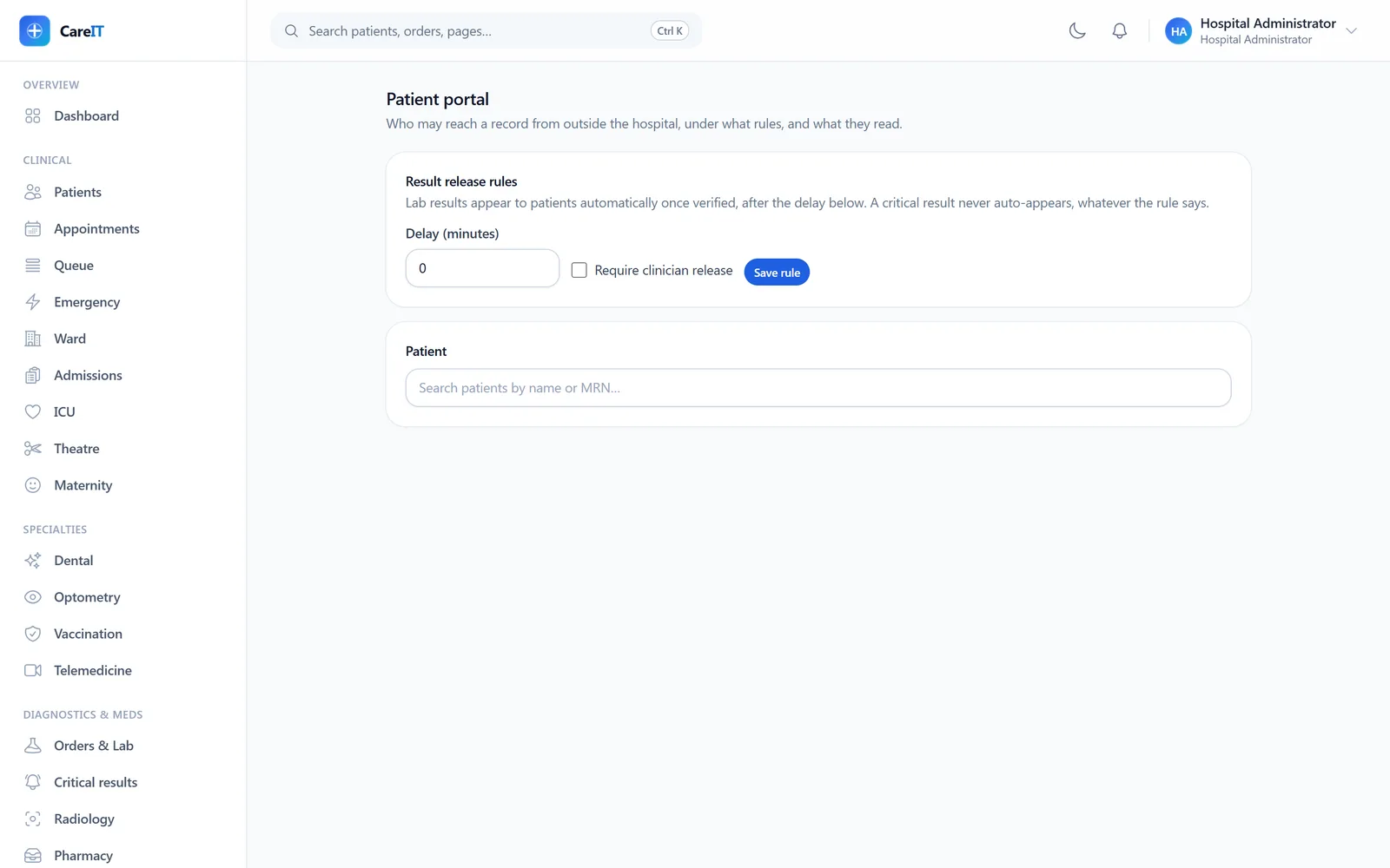 Portal administration with release rules and account management