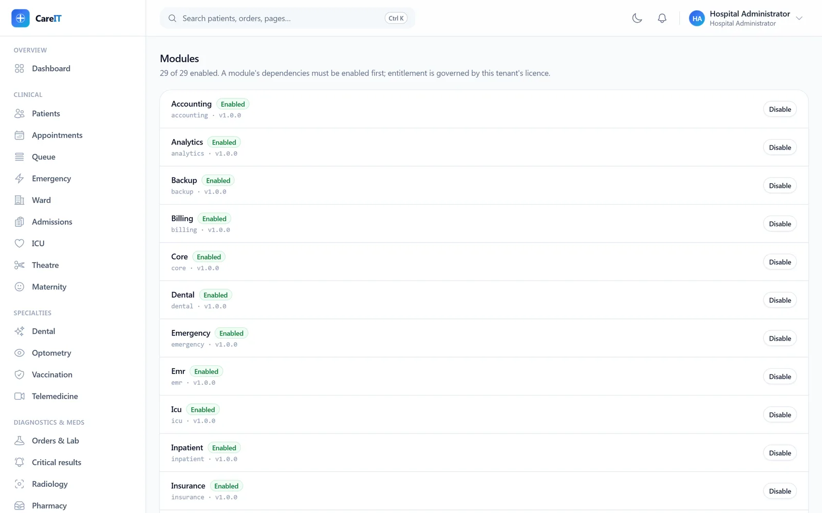 Module registry with tier badges and enable toggles per module