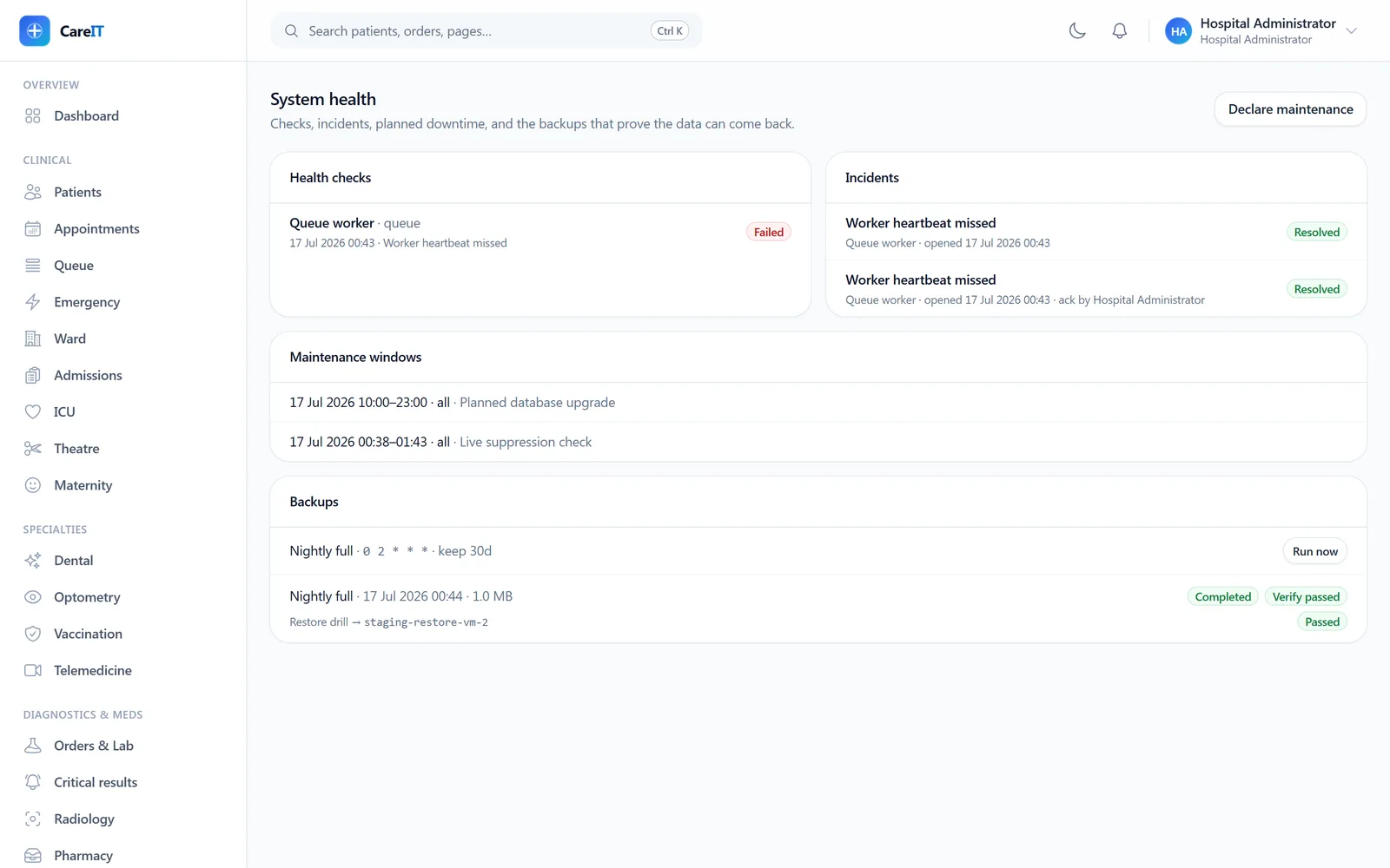 System health board with checks, incidents, maintenance windows, and backup runs