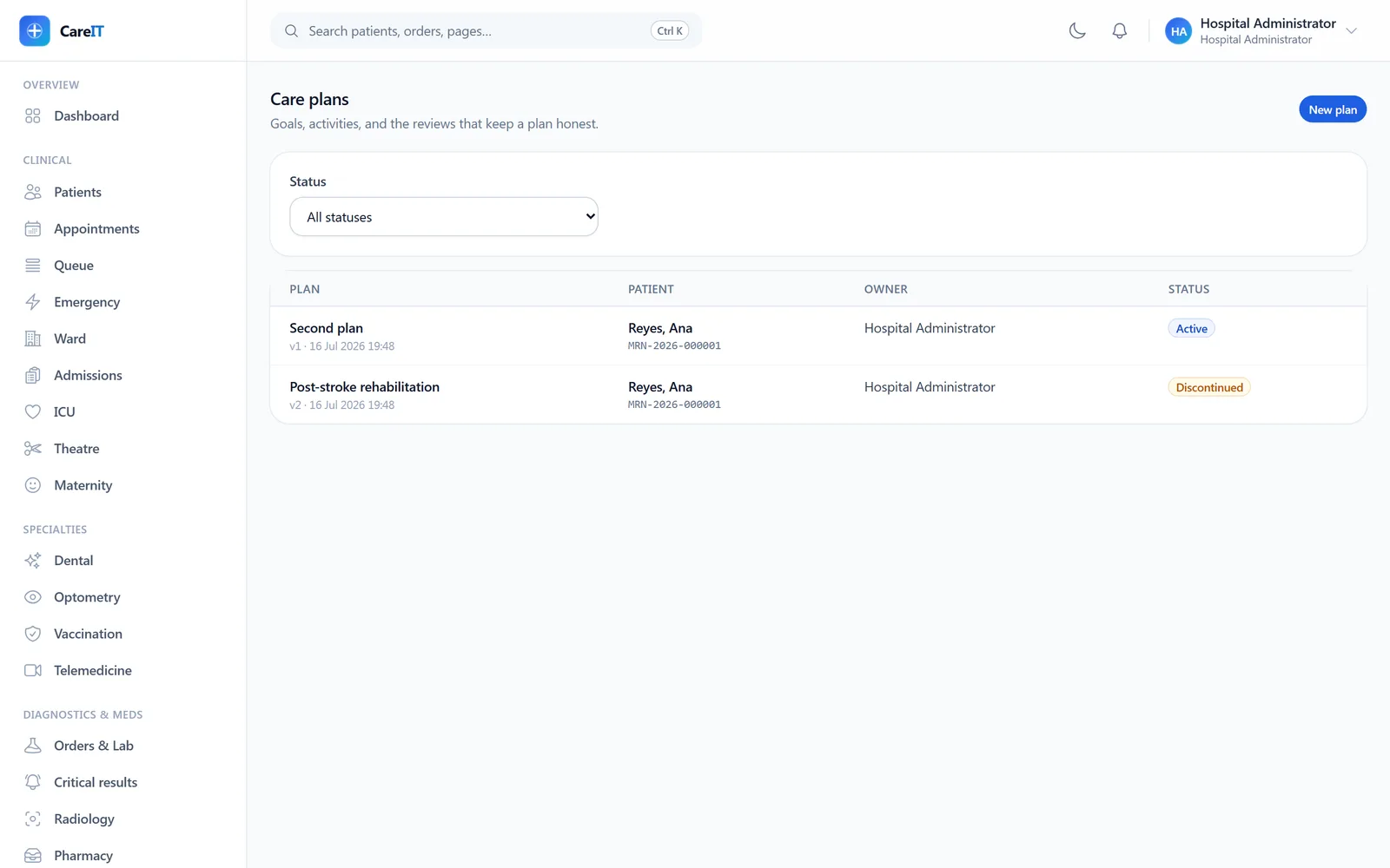Care plan list with active and discontinued plans