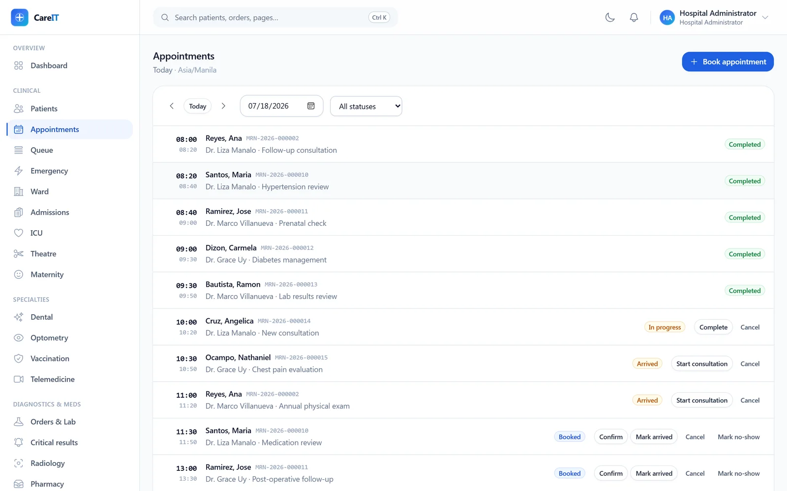 Front desk view — actual CareIT HMS product UI