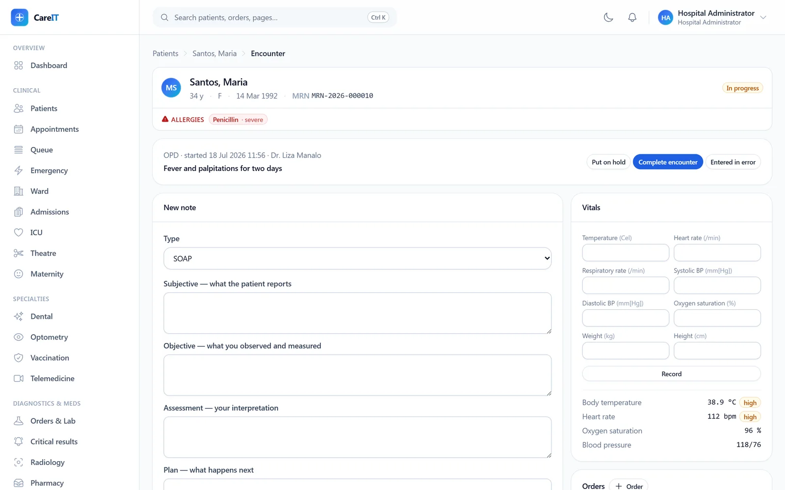 Clinician view — actual CareIT HMS product UI